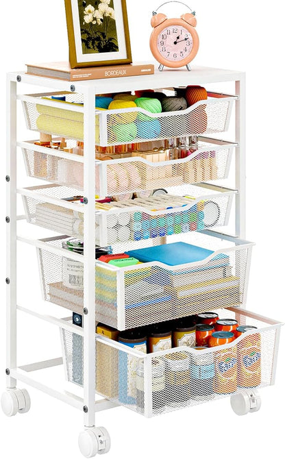 Rolling Storage Cart with 5 Drawers, Metal Utility Cart with Lockable Wheels, Craft Storage Art Cart, Rolling Drawer Cart for Living Room, Bedroom, Bathroom, Office, Home, White