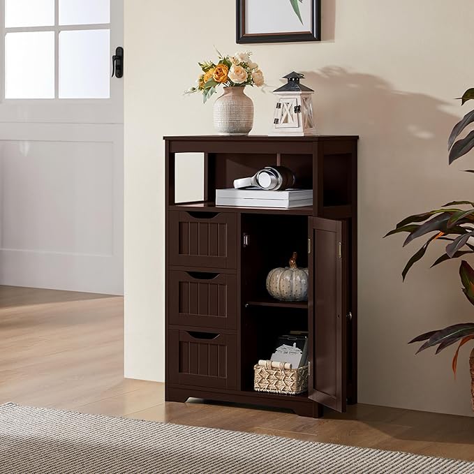 Yaheetech Wood Bathroom Floor Cabinet with 3 Drawers &1 Cupboard, Free Standing Storage Organizer Hallway Entryway Cabinet for Living Room Kitchen, Espresso