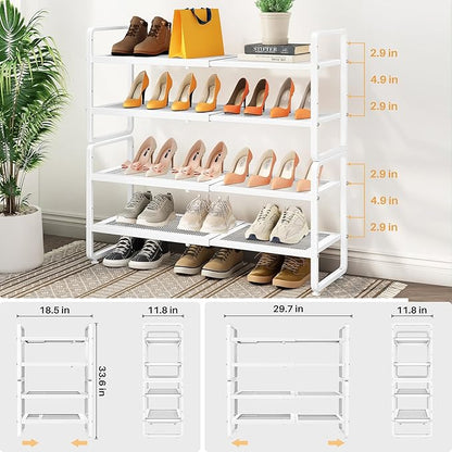 Shoe Rack - Expandable Shoe Organizer for Closet, Adjustable Metal Shoe Shelf Storage, Stackable Long Shoe Stand Holder for Garage, Entryway, Door Entrance (White, 4-Tier)