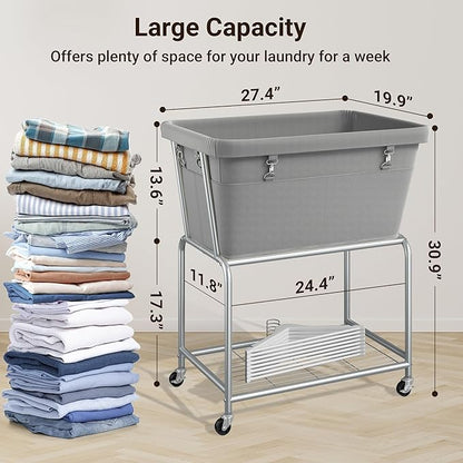 ELYKEN Rolling Laundry Hamper with Wheels, 32-Gallon (122L) Laundry Cart with Removable Bag, 2-Tier Clothes Basket Hamper with Shelf for Closet, Bedroom, Bathroom, Laundry Room, Gray