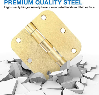 Door Hinges Satin Brass 3.5 Inch x 3.5" Interior Gold Door Hinges for Doors 12 Pack Brushed Brass Door Hinges 3-1/2" Rounded 5/8"Radius Corners Bedroom Residential Standard Indoor Door Hardware Hinge