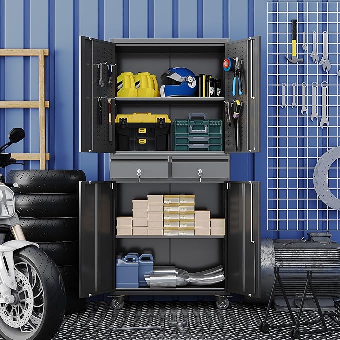 Garage Storage Cabinet with Wheels and 2 Drawers, 71" H Locking Metal Storage Cabinet with Pegboard Doors and 2 Adjustable Shelves for Garage, Warehouse, Home, Black, Assembly Required