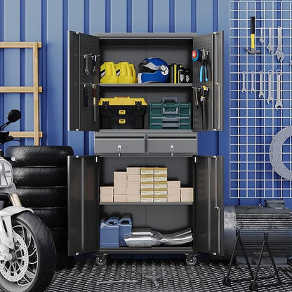 Metal Garage Storage Cabinet with Wheels, 8 Hooks and Pegboards, 71" H 2 Drawer Rolling Tool Storage Cabinet with Locking Doors and Adjustable Shelves for Garage, Warehouse, Black