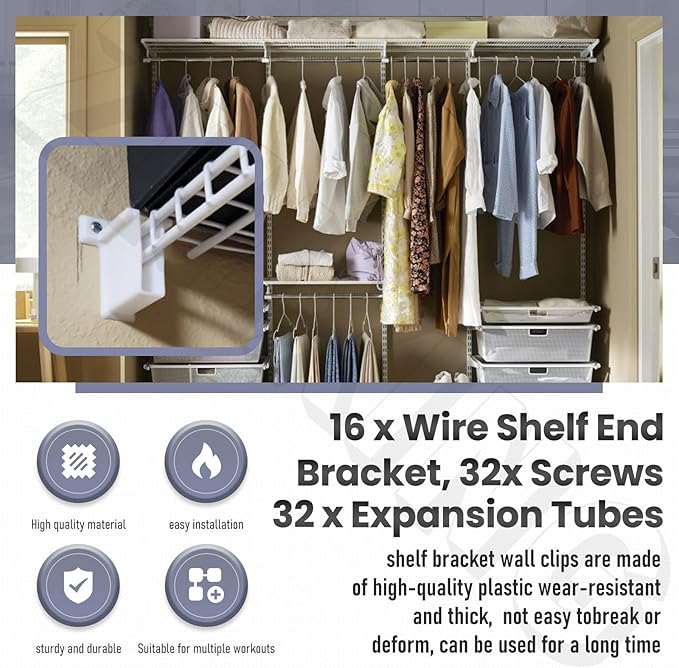16 Pack Wire Shelf End Bracket, White Plastic Closet Shelves Brackets Closet Shelves Support Plastic Wall Mount Shelf Brackets, w/Screws and Expansion Anchors