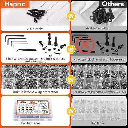 2160 Pcs Metric Screw Assortment Metric Bolts M2 M3 M4 M5 M6 Nuts and Bolt Kit, 12.9 Alloy Steel Black Zinc Plated Hex Socket Head Screws Nuts Bolts and Washers Set