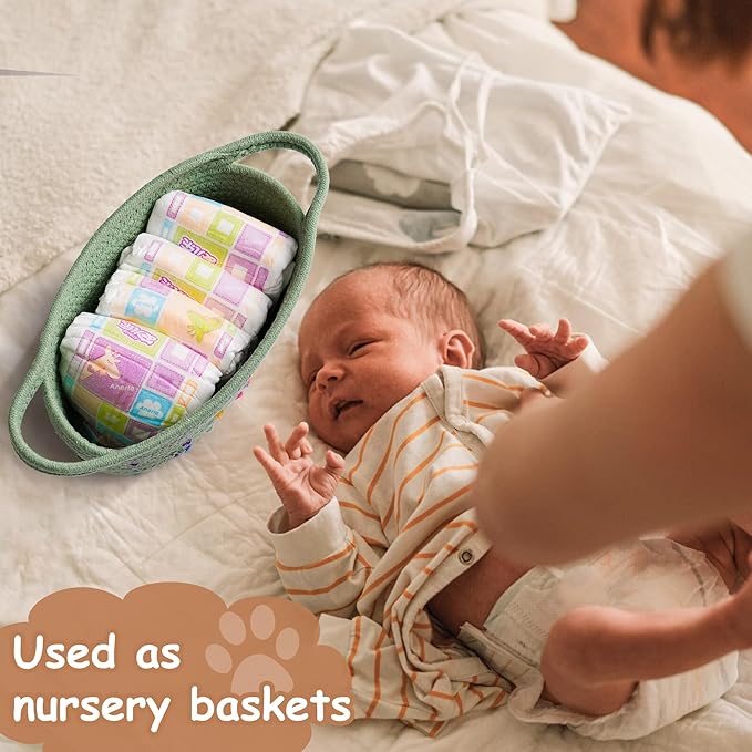 Small Woven Baskets for Organizing Rope with Handle Cute Cotton Basket for Nursery Gift Dog Cat Toy Storage Basket for Toy Organizer-Green
