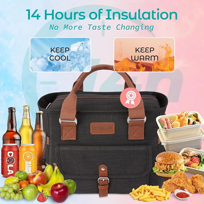 KIPBELIF Cute&Classy Roomy Insulated Lunch Bags for Women - Stylish & Functional Large Tote Adult Lunch Box for Working & Picnic(Standard,Classic Black)