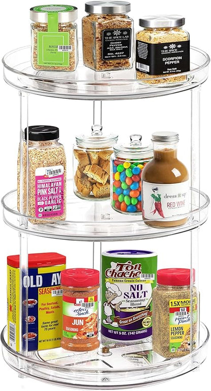 3 Tier Lazy Susan Bathroom Organizer - 9.25 Inch Clear Makeup Organizer with Skincare and Perfume Storage for Countertop
