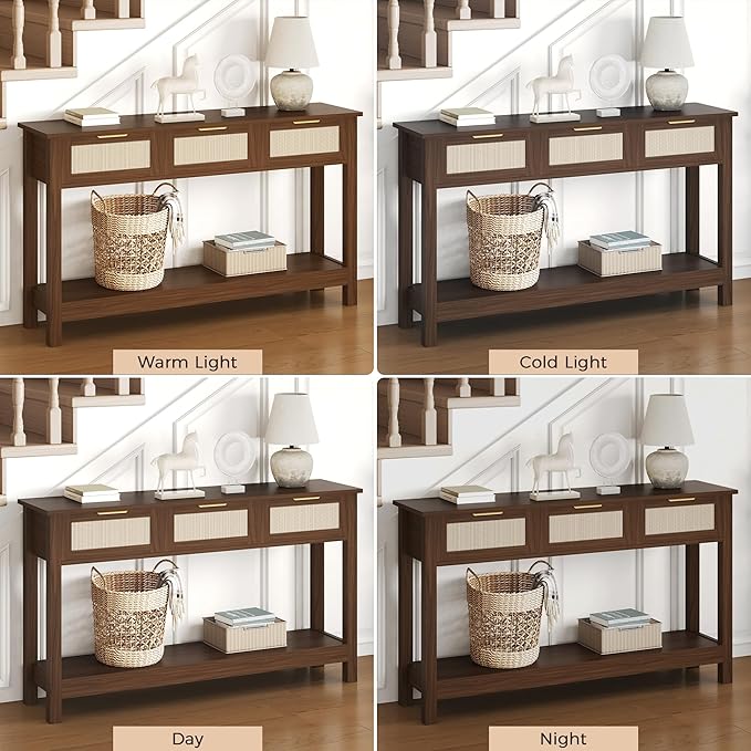 Luoxiao Console Table for Entryway with 3 Rattan Drawers Boho Entry Table with Storage Open Shelf, Narrow Long Sofa Tables for Living Room, Hallway, Foyer, Couch, Front Door, Walnut, 47 Inch