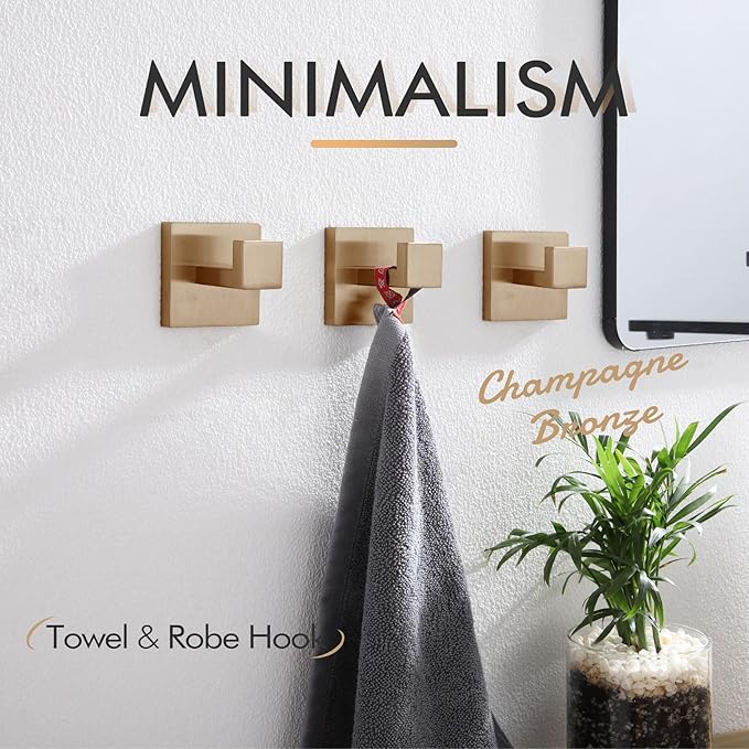 KOKOSIRI Robe Hooks for Wall Bathroom Towel Hooks Coat Hook Kitchen Garage Heavy Duty Wall Mounted Champagne Bronze Stainless Steel, 3 Pack B1010CPG-P3