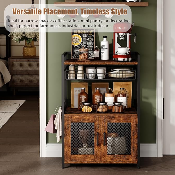 Coffee Bar Cabinet, 3 Tier Coffee Station Table on Wheels, 35.9" H Bar Cart with Wire Basket Drawer & 5 Hooks for Home Kitchen, Liquor Buffet Sideboard Cabinet (Rustic Brown)