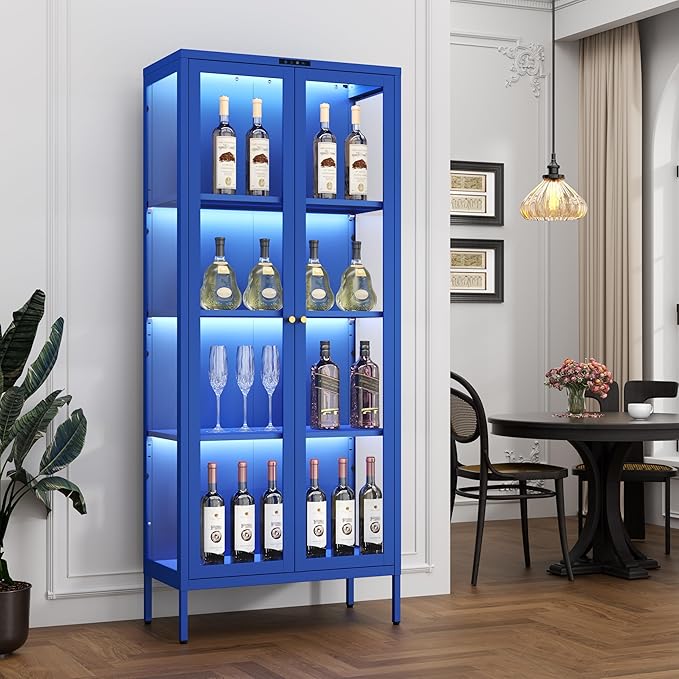 Glass Display Cabinet with Glass Doors, Metal Curio Cabinet with 8-Color LED Lights, 66 Inch Tall Display Case for Collectibles, Blue Storage Cabinet for Living Room, Assembly Required