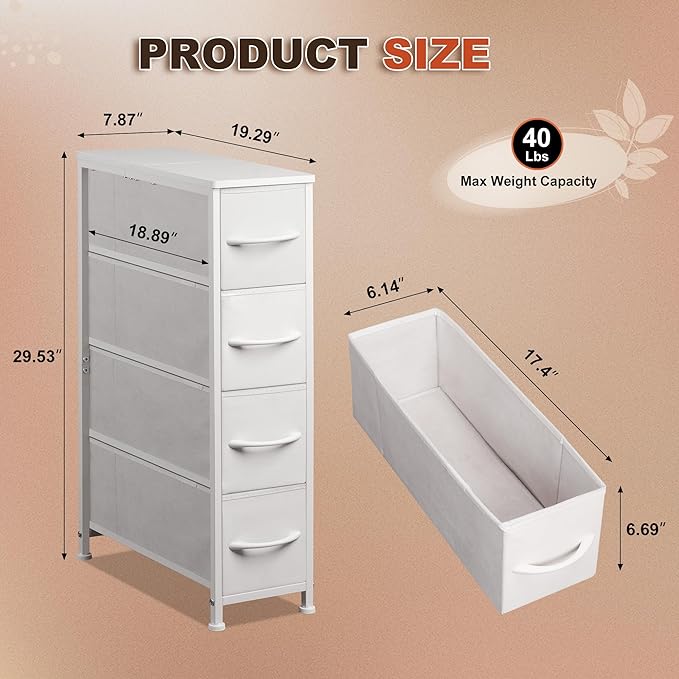 Narrow Dresser Storage Tower with 4 Drawers, Slim Dresser Chest of Drawers with Steel Frame, Wood Top, Dresser for Bedroom, Bathroom, Small Spaces, Laundry, Closet (White)