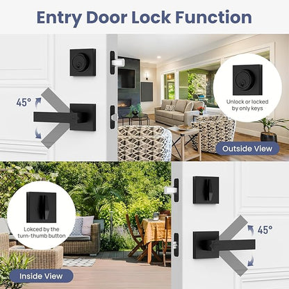 Estmoon Door Locks for Front Door, Matte Black Exterior Door Handle and Single Cylinder Deadbolt Lock, Heavy Duty Modern Square Front Door Handle and Deadbolt Set, Commercial Locks for Doors, 1 Pack