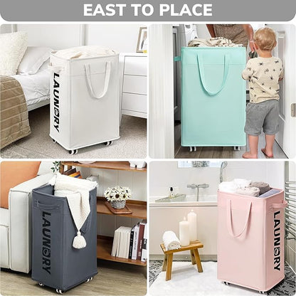 Goodpick Pink Laundry Basket with Wheels, Dorm Room Essentials for Girls, 75L Collapsible Laundry Basket, Laundry Hamper with Handle for College Dorm