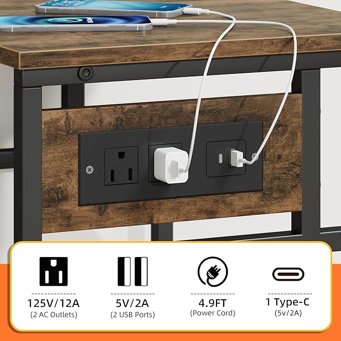 YAOHUOO 3 Tier Large Printer Stand with Power Outlet/Adjustable Storage Shelf, Rolling Cart with Wheels, Printer Table for Home Office 3D Printer/Heat Press/Laster, 22"×15" Rustic Brown