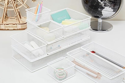 Annova Stackable Mesh Drawer Cabinet and Shelf Organizer Bins Storage Basket School Office Supply Holder Tray- Set of 2 (White, 3x3x2 Inch)