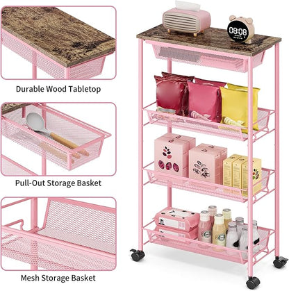 KINGRACK 4-Tier Slim Storage Cart, Metal Rolling Cart, Organizer with Wooden Tabletop and Drawer Basket, Mobile Shelving Unit for Kitchen, Bathroom, Laundry Room, Pink