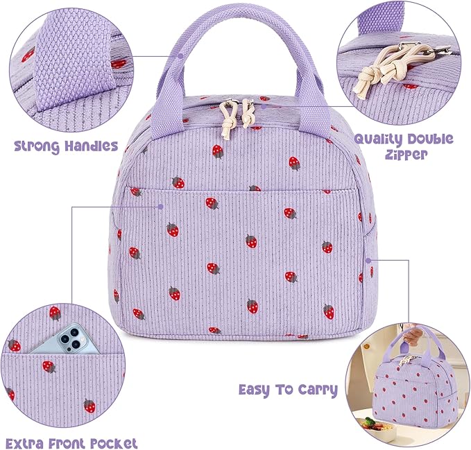 Bluboon Lunch Bag for Women Men Cute Corduroy Lunch Tote Bags Reusable Insulated Lunch Box Large Capacity Reusable Insulated Cooler for Work Picnic or Travel
