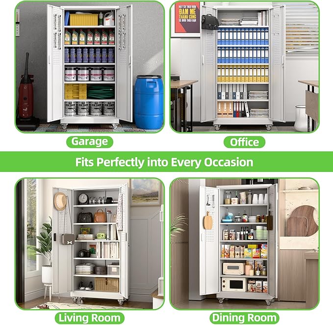 71" H Garage Storage Cabinet with Wheel, Metal Storage Cabinet with Doors,5 Adjustable Shelves and Pegboard for Garage Home Office,Required Assembly,White,71" H×32" W×16" D