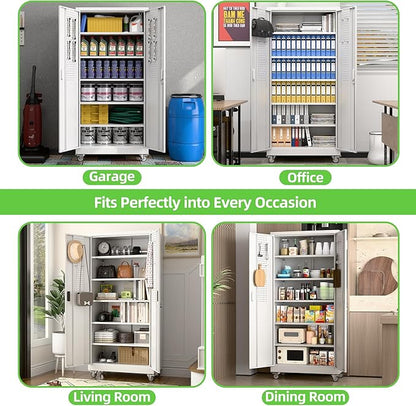 71" H Garage Storage Cabinet with Wheel, Metal Storage Cabinet with Doors,5 Adjustable Shelves and Pegboard for Garage Home Office,Required Assembly,White,71" H×32" W×16" D