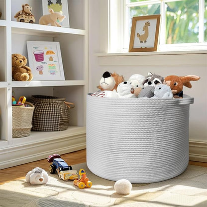 115L White Cotton Rope Storage Basket, 23.6"x15.7" Extra Large Blanket Storage Living Room, XXXL Soft Toy Bin for Organizing, Woven Baby Laundry Basket with Handle, Wicker Hamper Nursery