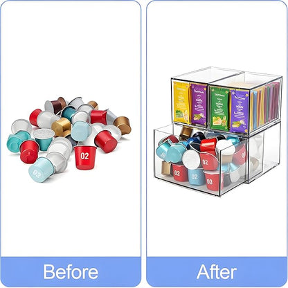 Coffee Pod and Tea Bag Organizer Drawer – Crystal-Clear Acrylic Tea Bag Drawer, Easy to Clean & Stackable for K-Cups, Tea, Sugar Packets in Office, Gym & Kitchen Cupboard (3-Pack)