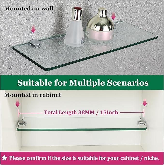 SAYAYO Floating Glass Shelves for Bathroom, 15 x 5 Inch Chrome Tempered Glass Shelf for Wall 1 Pack, Clear