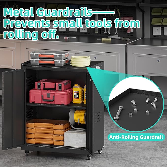 Metal Storage Cabinet with Wheels,34" Rolling Tool Cabinets with Lock&Adjustable Shelves,Locking Utility Cabinet with 1 Door for Garage, Warehouse (Black)