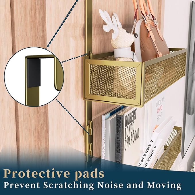 Consumest Over The Door Hooks Organizer - Extra Long Door Hanger with 9 Coat Hooks & 2 Mesh Basket, Back Storage Organizer Hanging Towels for Bathroom, Bedroom, Gold (for 1.76 in Doors)
