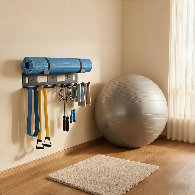 Gym Rack Organizer for Home Gym Storage, Wall Mounted, Multi-Purpose Home Gym Storage Rack for Resistance Bands, Yoga Mats, Jump Ropes,Weight Belts, Garage Workout Room Accessories,Black