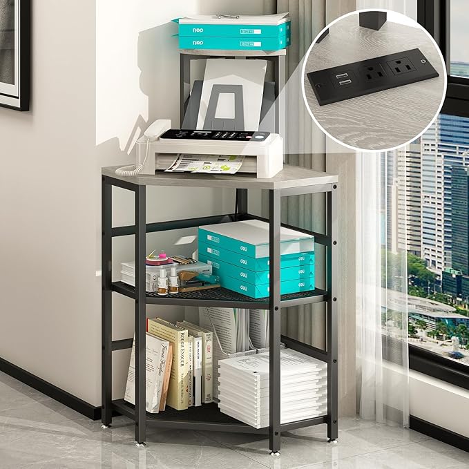 Gray Corner Printer Stand Table, with Power Outlet and USB Charging & LED Lights, for Home Printer Stands, Storage Shelf, Computer Tower/CPU Stand Holder for Home Office, Greige