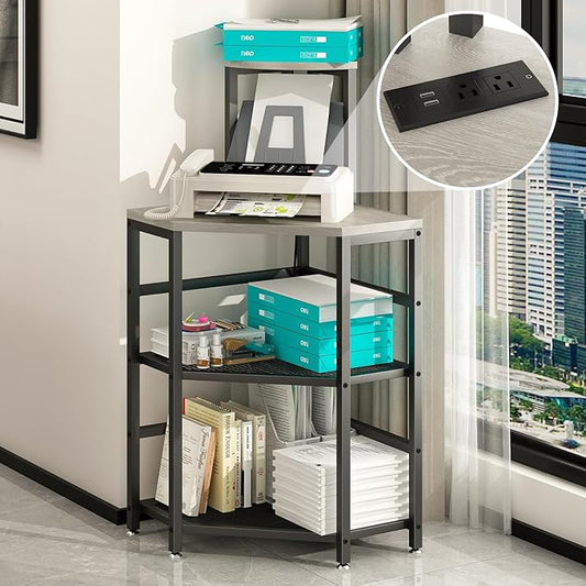 Gray Corner Printer Stand Table, with Power Outlet and USB Charging & LED Lights, for Home Printer Stands, Storage Shelf, Computer Tower/CPU Stand Holder for Home Office, Greige