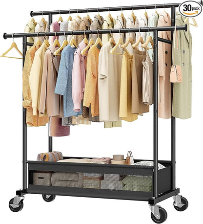 Clothes Rack, Double rods clothing rack, Clothing Racks for hanging clothes, Rolling clothes rack with Storage Basket & Heavy Duty Wheels, garment rack for Bedroom, Laundry Room, Black