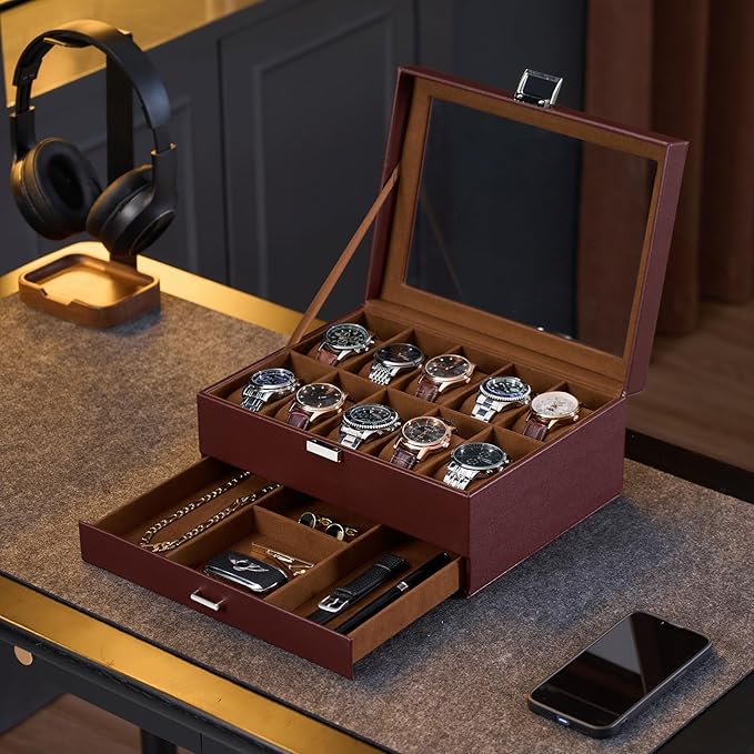 ProCase Watch Box, 10 Slot Watches Display Case with Drawer, Mens Watch Case with Glass Lid, 2-Layer Mens Jewelry Organizer Storage Holder, Birthday Valentine Gifts for Men -10 Slot, Espresso