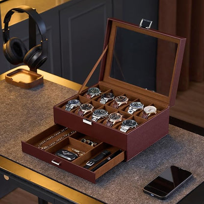 ProCase Watch Box, 10 Slot Watches Display Case with Drawer, Mens Watch Case with Glass Lid, 2-Layer Mens Jewelry Organizer Storage Holder, Birthday Valentine Gifts for Men -10 Slot, Espresso