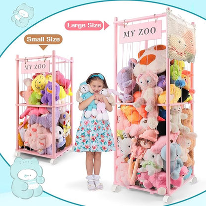 Stuffed Animal Storage Zoo with Wheels, Wooden Stuffed Animal Organizer with Elastic Cords, Space Saving Toy Plushies Storage Holder for Playroom, Bedroom, Living Room(Pink, Large)