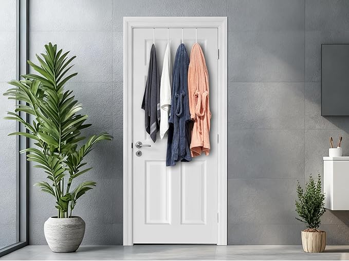 Over The Door Metal Hooks with Plastic Coating 7.5" Fit 0.5" to 1 3/4" Door 4 Pcs Heavy Duty Single Towel Robe Rack Wreath Bathroom Shower Hanger Shoe Organizer Ironing Board Long White