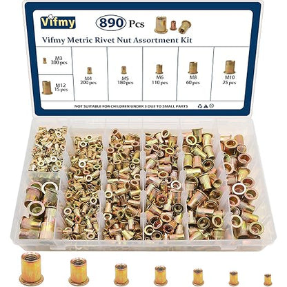 Metric Rivet Nut Assortment Kit(890 Pcs), M3 M4 M5 M6 M8 M10 M12 Flat Head Rivnut Set, Zinc Plated Finish Carbon Steel Nutsert
