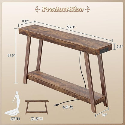 Huuger Console Table with Charging Station, USB-C Port, 2 Tiers Entryway Table, 53.9 Inch Sofa Table with Metal Legs, Entry Hallway Table with Thicker Desktop, Modern Behind Couch Table, Rustic Brown