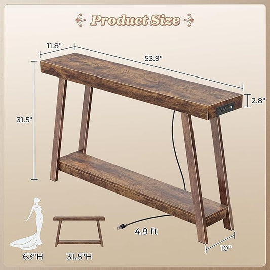Huuger Console Table with Charging Station, USB-C Port, 2 Tiers Entryway Table, 53.9 Inch Sofa Table with Metal Legs, Entry Hallway Table with Thicker Desktop, Modern Behind Couch Table, Rustic Brown