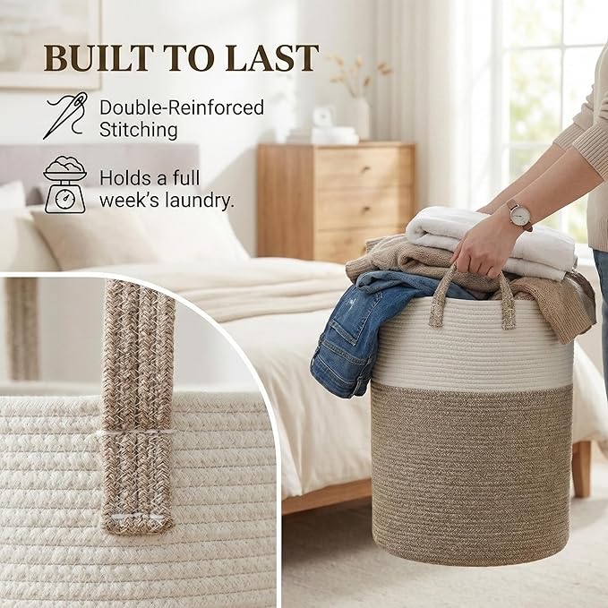 Large Woven Laundry Basket Hamper,80L Cotton Rope Storage Bin for Blankets,Toys and Clothes,Decorative Tall Nursery Hamper for Living Room,Baby Nursery,Bathroom and Bedroom,Brown