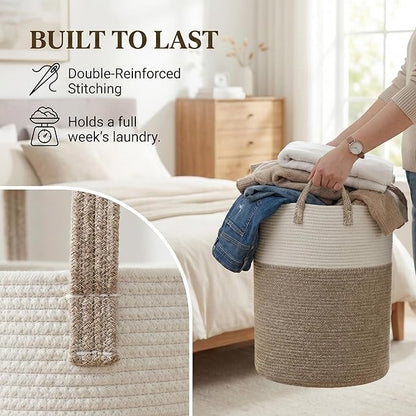 Large Woven Laundry Basket Hamper,80L Cotton Rope Storage Bin for Blankets,Toys and Clothes,Decorative Tall Nursery Hamper for Living Room,Baby Nursery,Bathroom and Bedroom,Brown