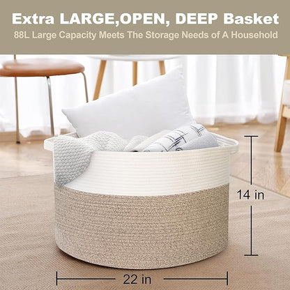 Large Rope Storage Basket, 22" X 22" X 14" Extra Large Woven Baskets for Storage, Cotton Rope Basket for Blankets Toys, Wicker Storage Baskets for Organizing, Wicker Laundry Basket Hamper