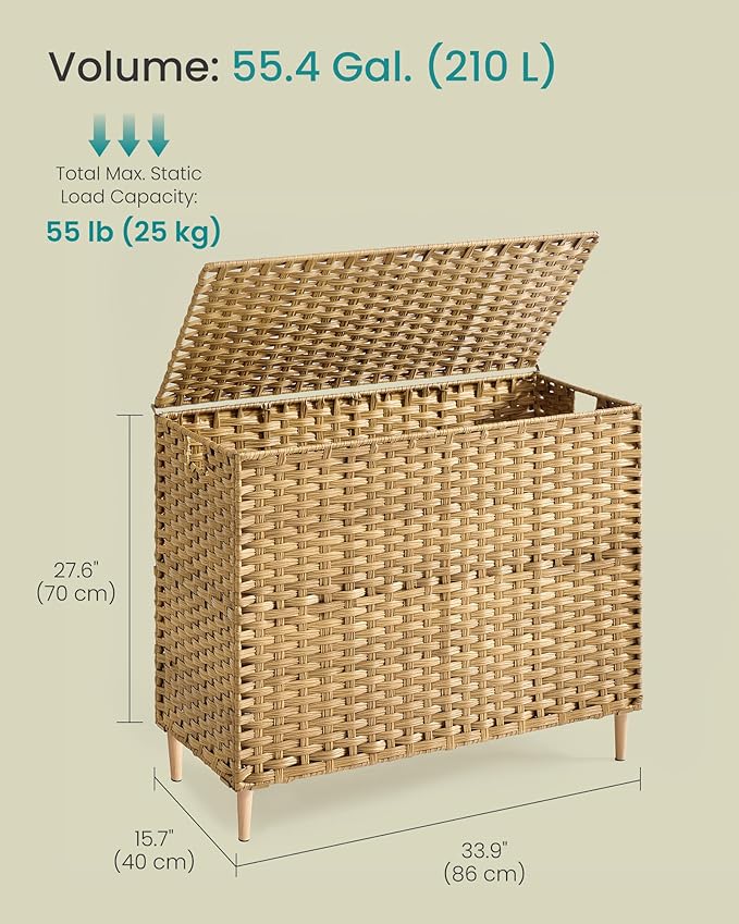 SONGMICS 4-Section Laundry Hamper with Lid, 55.4 Gal (210L) PE Rattan Laundry Basket with Removable Washable Liners, for Bedroom & Living Room, Goose Yellow ULCB224YE01