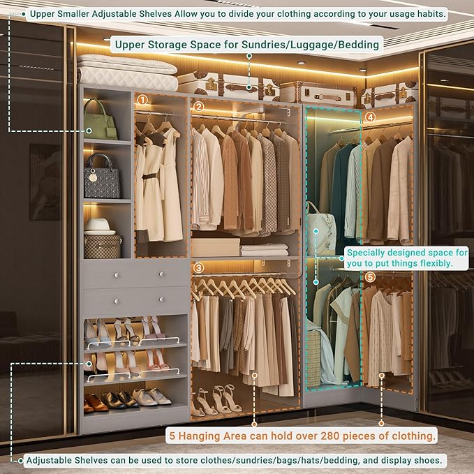 Closet System with 2 Drawers, 5 Hanging Robs, 4 Adjustable Shelves, 90.5"*31.5" Closet Organizer System with Corner Tower, L-shape Walk-in Closet System, Corner Closet System Set of 2, Morandi Grey