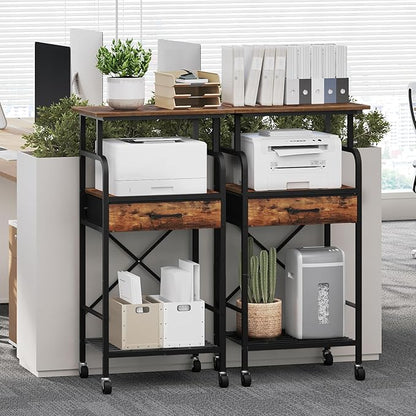 Tall Printer Stand, 3 Tier Printer Cart with Storage, Industrial Printer Table on Wheels, Adjustable Shelf & Fabric Drawer, for Home Office Study Rustic Brown PTHR5401