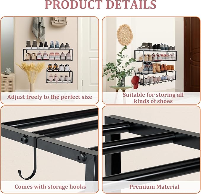 4 Pack Expandable Wall Mounted Shoe Rack, 17"-31" Adjustable Hanging Shoe Rack Holds 32 Pairs, Heavy Duty Metal Shoe Holder with 8 Storage Hooks, Space Saving for Entryway Closet Doorway（Black
