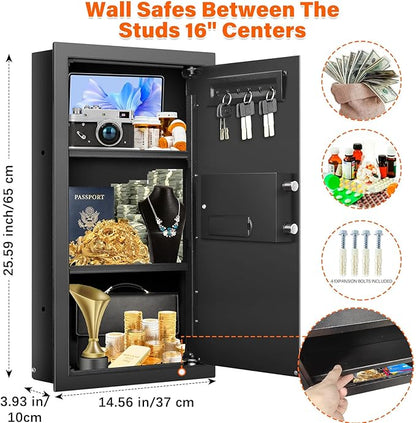 25.6" Tall Fireproof Wall Safes Between the Studs 16" Centers, Hidden Wall Safe with 2 Removable Shelf & Hidden Tray, Heavy Duty Wall Mount Safe for Money, Jewelry, Passport, Valuables