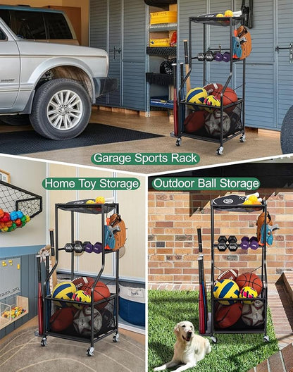 Sports Equipment Garage Organizer - Rolling Ball Storage with wheels, 3-Tier Sports gear Storage Rack Indoor & Outdoor Balls Cart with Hooks for Home, Garage (Black)